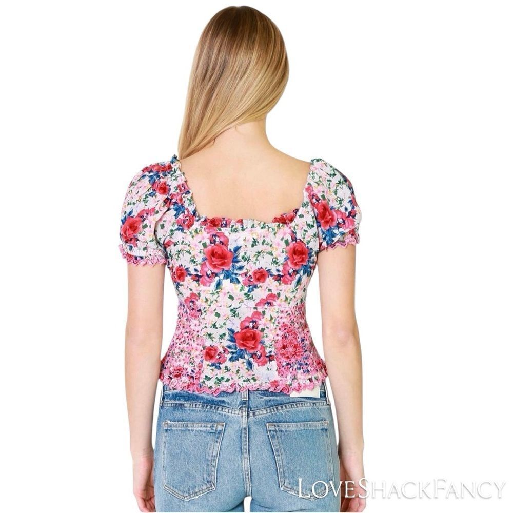 LoveShackFancy **NWT** Bryant Ruffle Trim Button Front Top in Rush of Red Floral - Picture 9 of 16